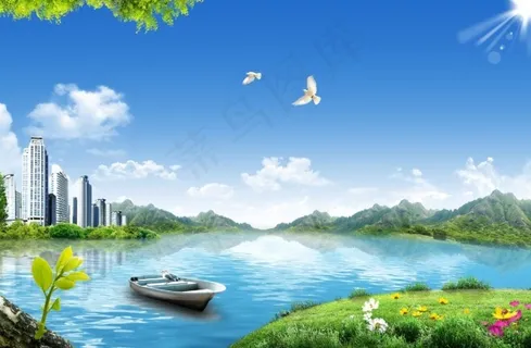 蓝色天空湖水草地春天气息 蓝色天空湖水草地春天气息