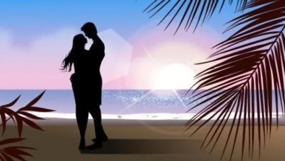 时尚男女海滩剪影矢量