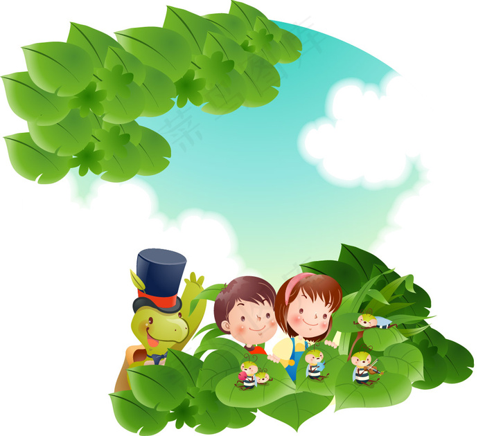 卡通人物观察小蜜蜂矢量图