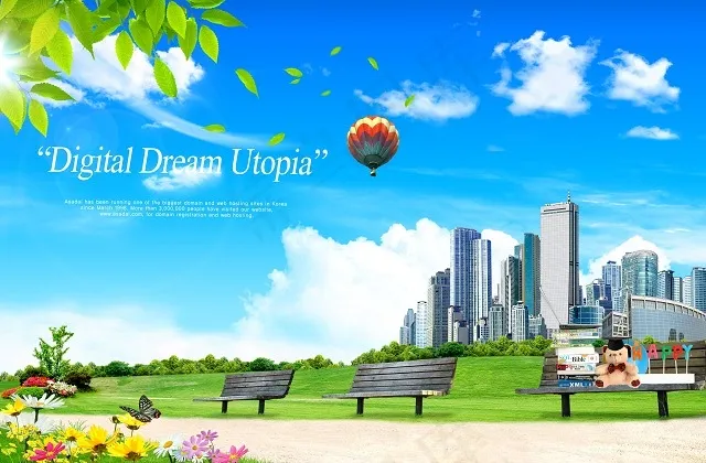 城市楼群和草地上的长椅(3500X2300(DPI:300))psd模版下载