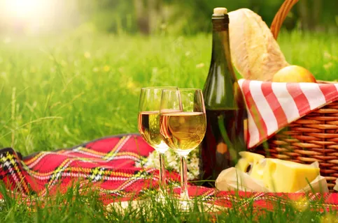 草地上的奶酪和酒杯图片