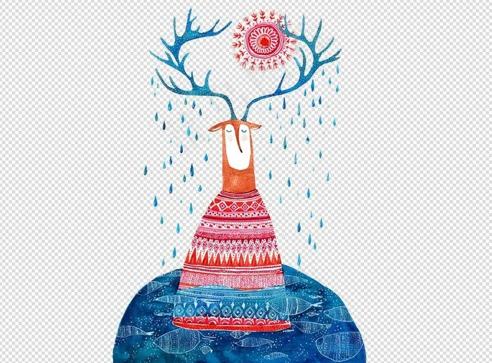 实物卡通手绘插画麋鹿梅花鹿鹿角PN...
