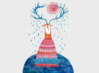 实物卡通手绘插画麋鹿梅花鹿鹿角PN...