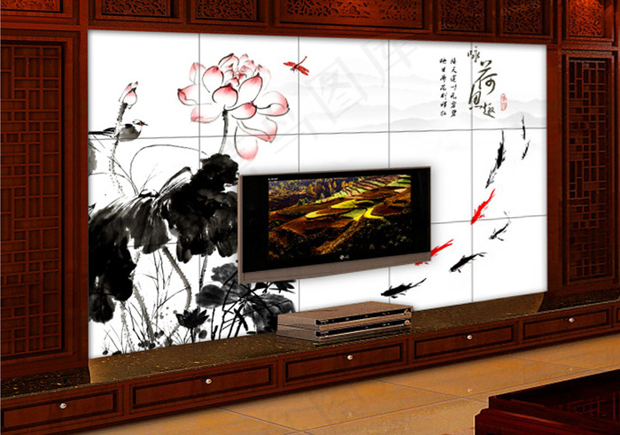 九鱼图中式背景墙