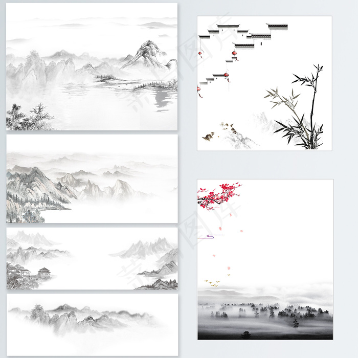 中国风背景水墨山水画建筑免扣png分层格式