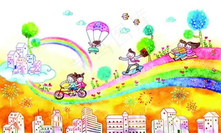 卡通手绘彩虹路创意插画设计psd素...