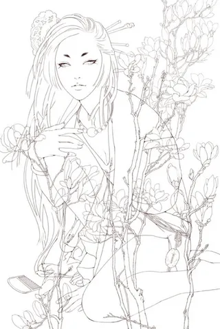 线稿女孩白描简笔画矢量人物 黑白稿