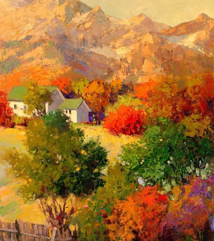 油画 山村秋景图片