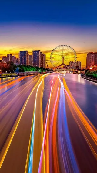 延时拍摄城市河道高清摄影图片