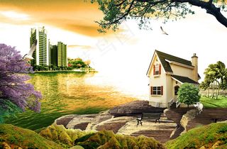 傍晚海上城市和海报的别墅