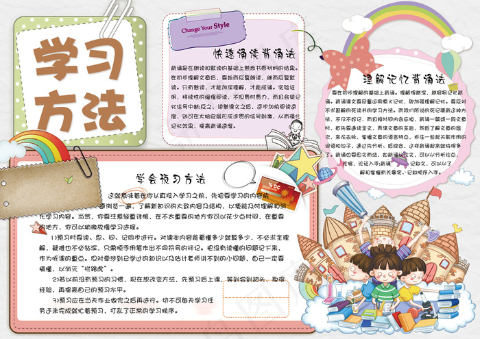 卡通手绘学习方法学生电子小报模板