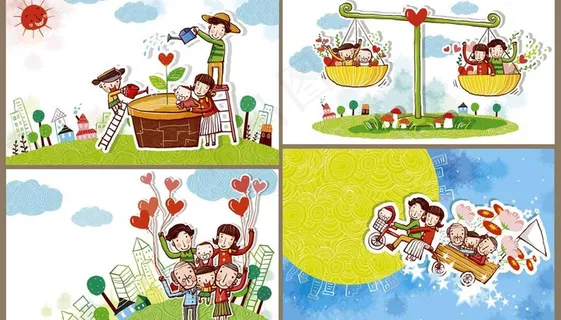 儿童画 卡通画 一家人图片