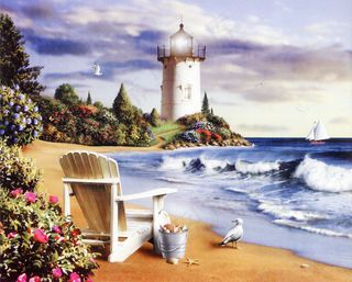 沙滩海边灯塔风格油画