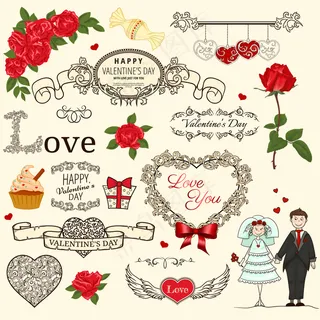情人节的古董饰品设计元素矢量图02