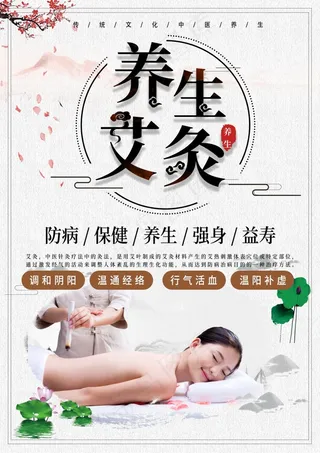 白色古风中国风中医艾灸海报插卡，全字可改
