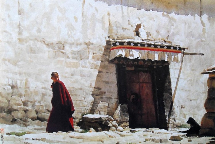 水彩画 寺庙正午图片