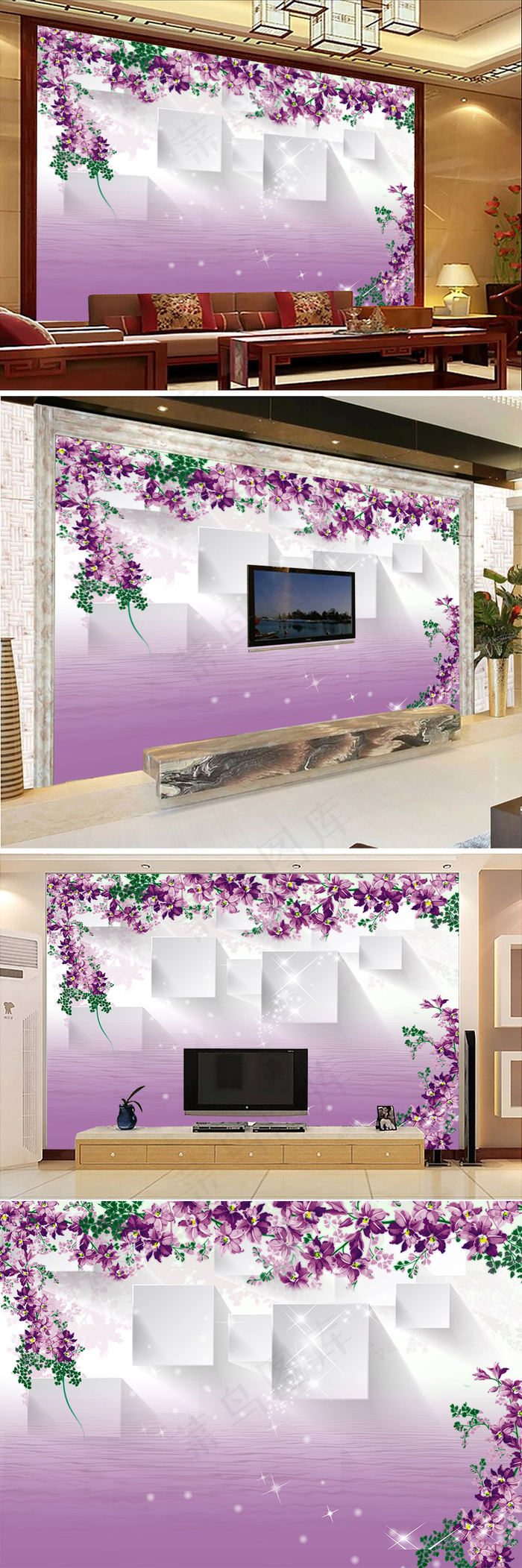 梦幻花卉3D立体方格电视背景墙壁画...