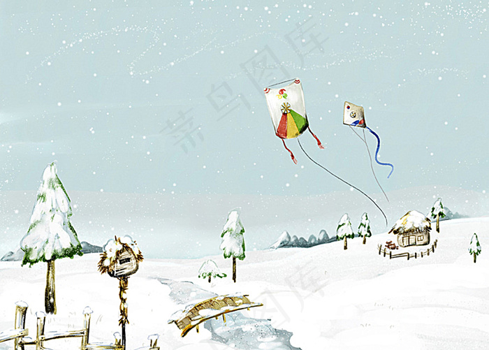手绘梦幻郊外雪景风景插画图片psd模版下载