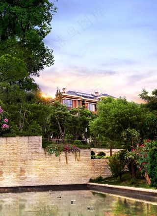 欧式园林水景大树图片