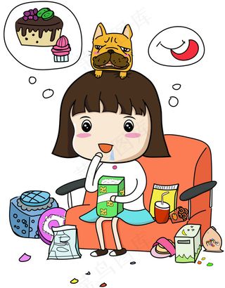 自画像 卡通人物 线描 吃零食