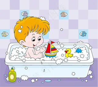 洗澡的小男孩矢量素材