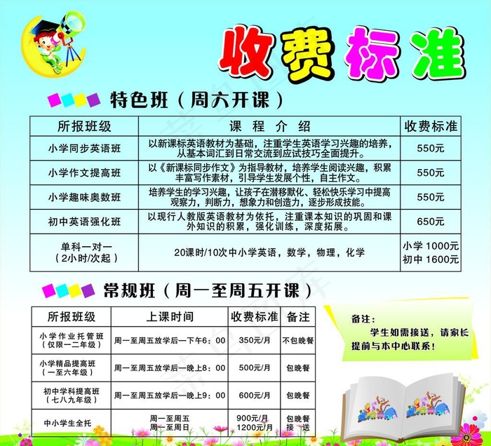 培训班收费标准cdr矢量模版下载