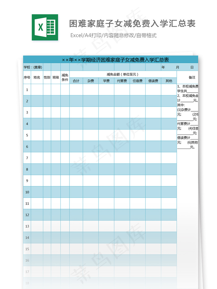 经济困难家庭子女减免费入学汇总表