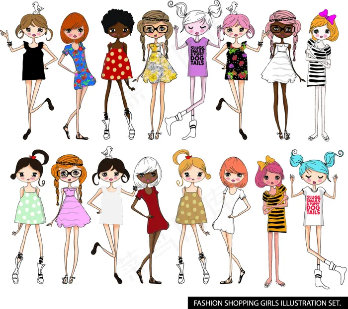 时尚卡通女孩矢量图eps,ai矢量模版下载