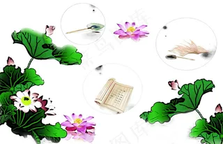 古风纸笔墨砚荷花荷叶小元素图标