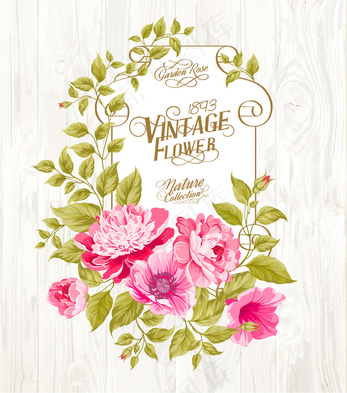 粉色花卉木纹背景矢量素材下