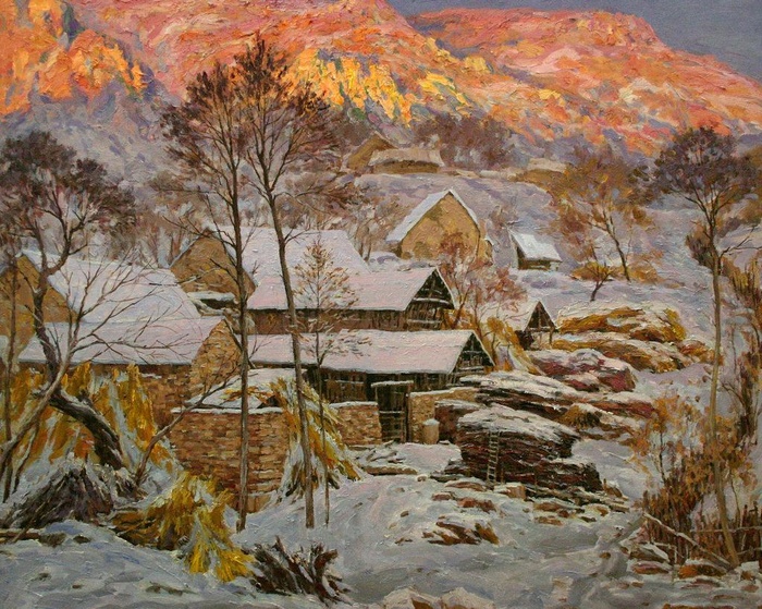 山乡初冬 油画图片