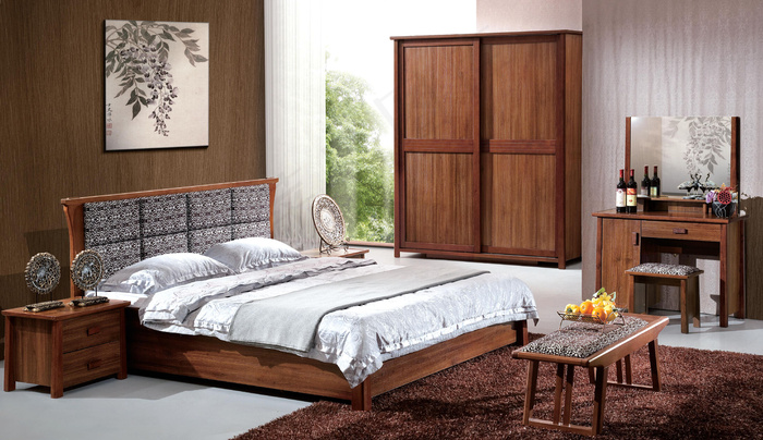 实木床背景 衣柜 壁画