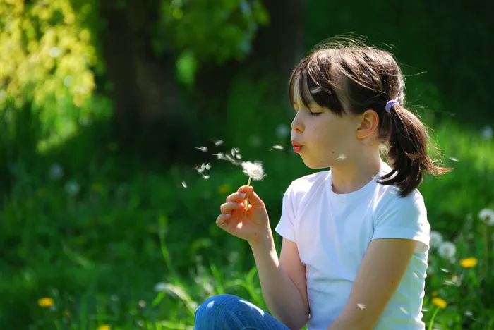 坐着草地上吹蒲公英女孩图片