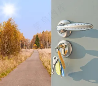 秋天马路风景与门钥匙