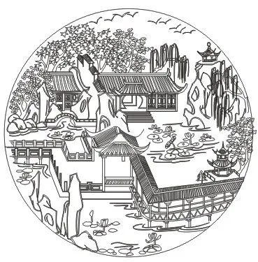 山水画复古建筑三水图案雕刻