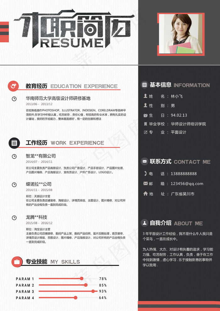 个人简历黑红简约微立体商务简历时尚...