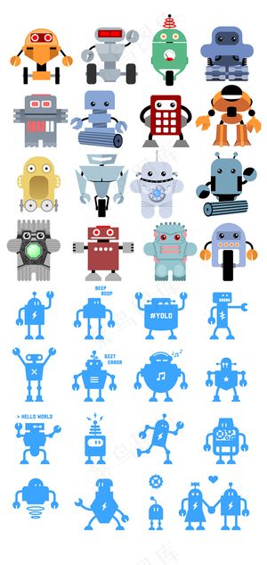 多款可爱卡通复古Q版机器人设计矢量