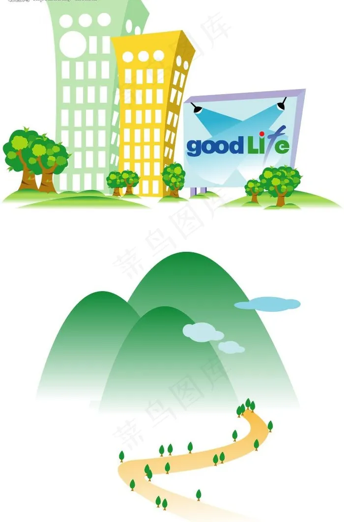 都市楼房与深山图片cdr矢量模版下载
