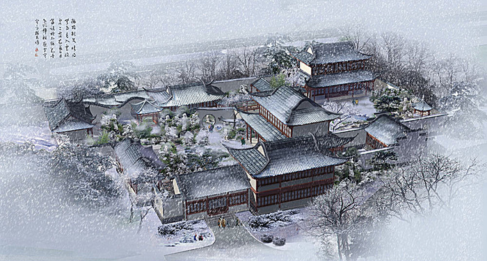 古典园林建筑雪景效果图