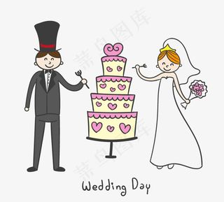 卡通新娘新郎与婚礼蛋糕矢量素材