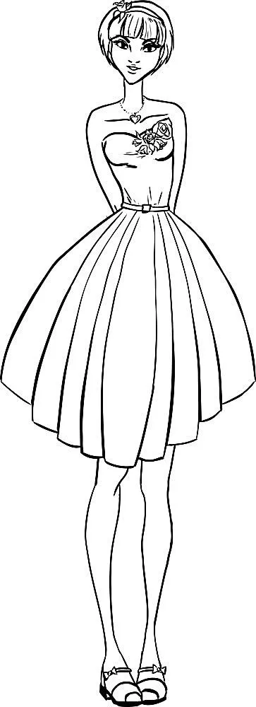 穿裙子的卡通女孩白描画eps,ai矢量模版下载