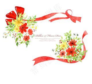 红花绿叶与红色的丝带PSD分层素材