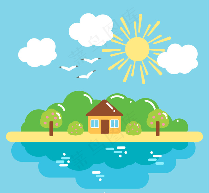 扁平风景背景风景素材太阳云朵