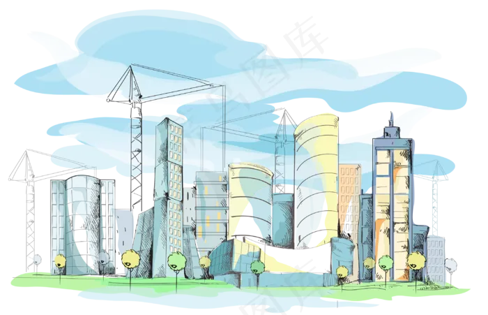 手绘城市建筑规划免抠图(3102*2000px 300 dpi )ai矢量模版下载