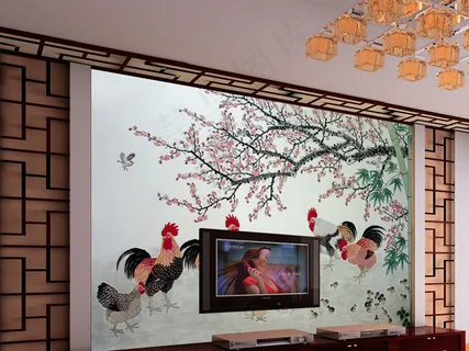 中式工笔酒店工装装饰画公鸡玄关背景...