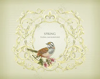 随着春天的花和鸟花卉背景矢量插画