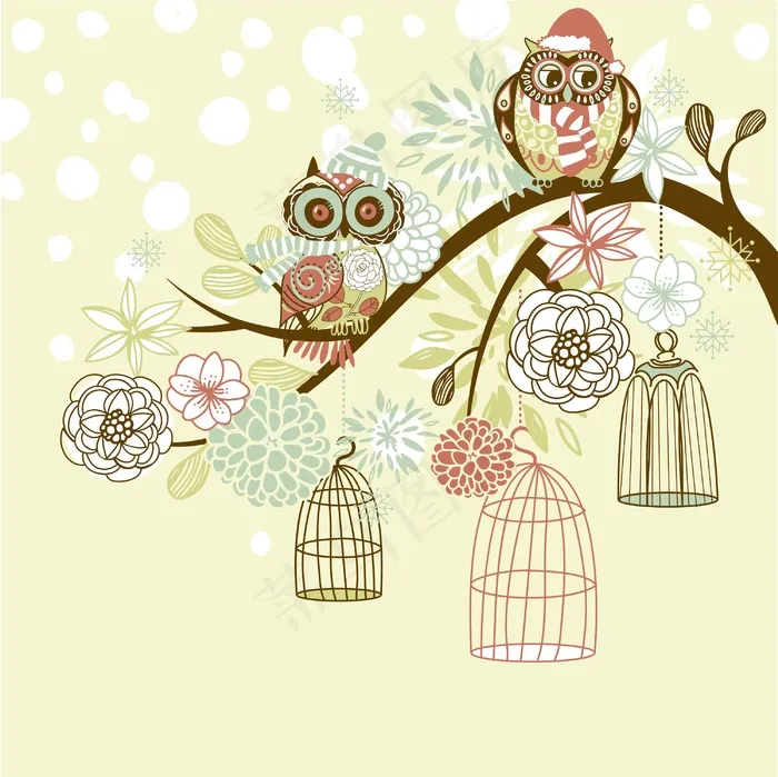 猫头鹰的冬季花卉背景的猫头鹰笼子的...eps,ai矢量模版下载