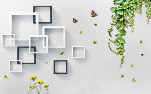 藤蔓蝴蝶立体3D方框电视背景墙装饰...