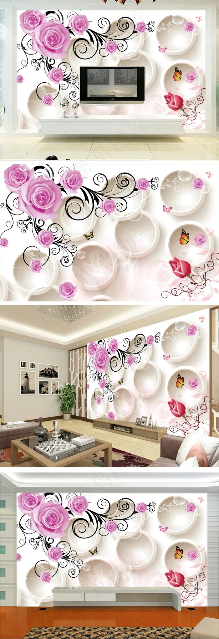 客厅3D圆圈玫瑰花电视背景墙装饰画(9071X5669(DPI:72))psd模版下载