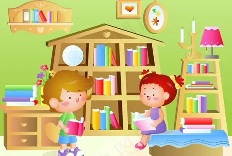 卡通小孩在家里看书图片